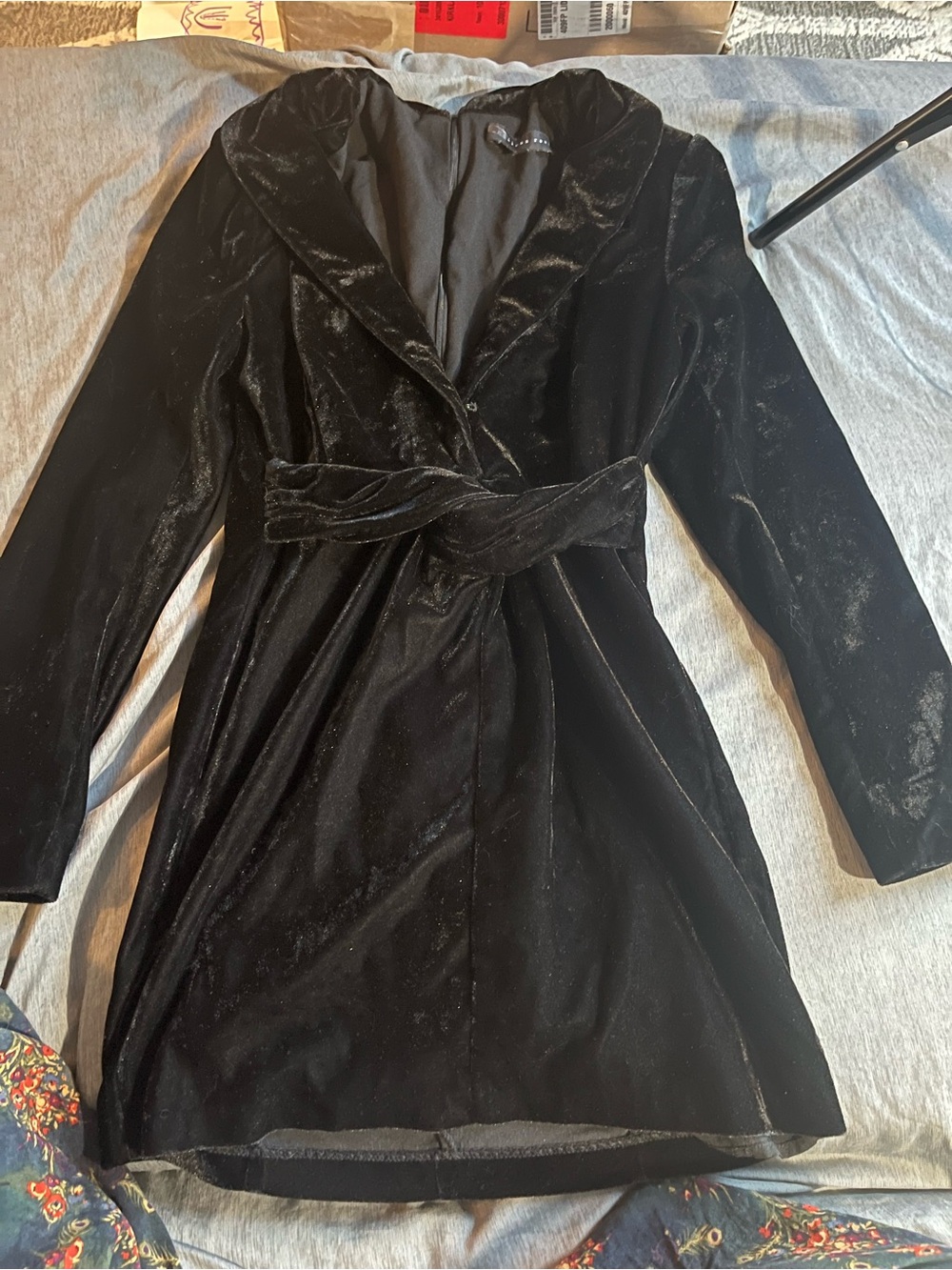 Endless Rose Black Velvet Long Sleeve Faux Wrap Dress with Tie